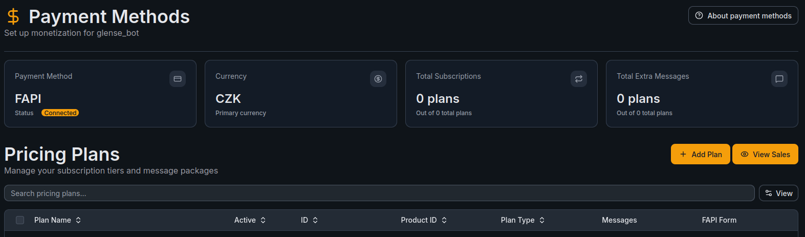 Connected FAPI — Payment Methods overview with Pricing Plans table