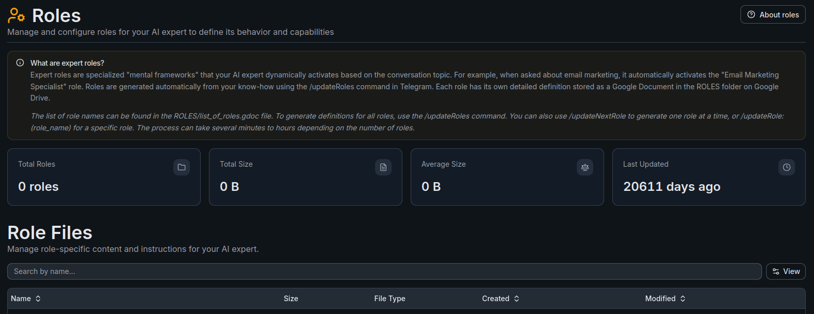 Roles section overview in the Dashboard