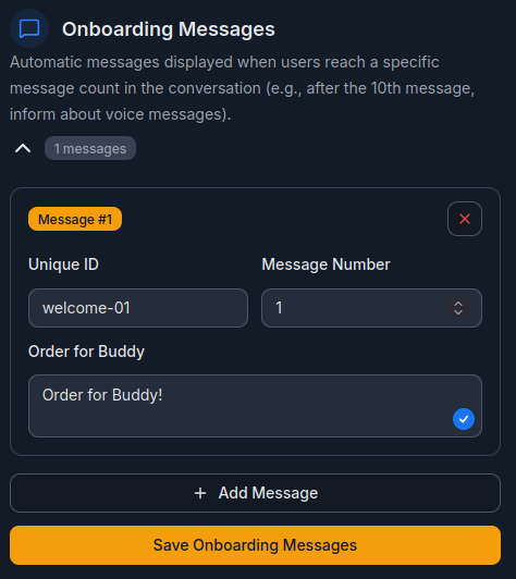 Onboarding Messages section in the Dashboard
