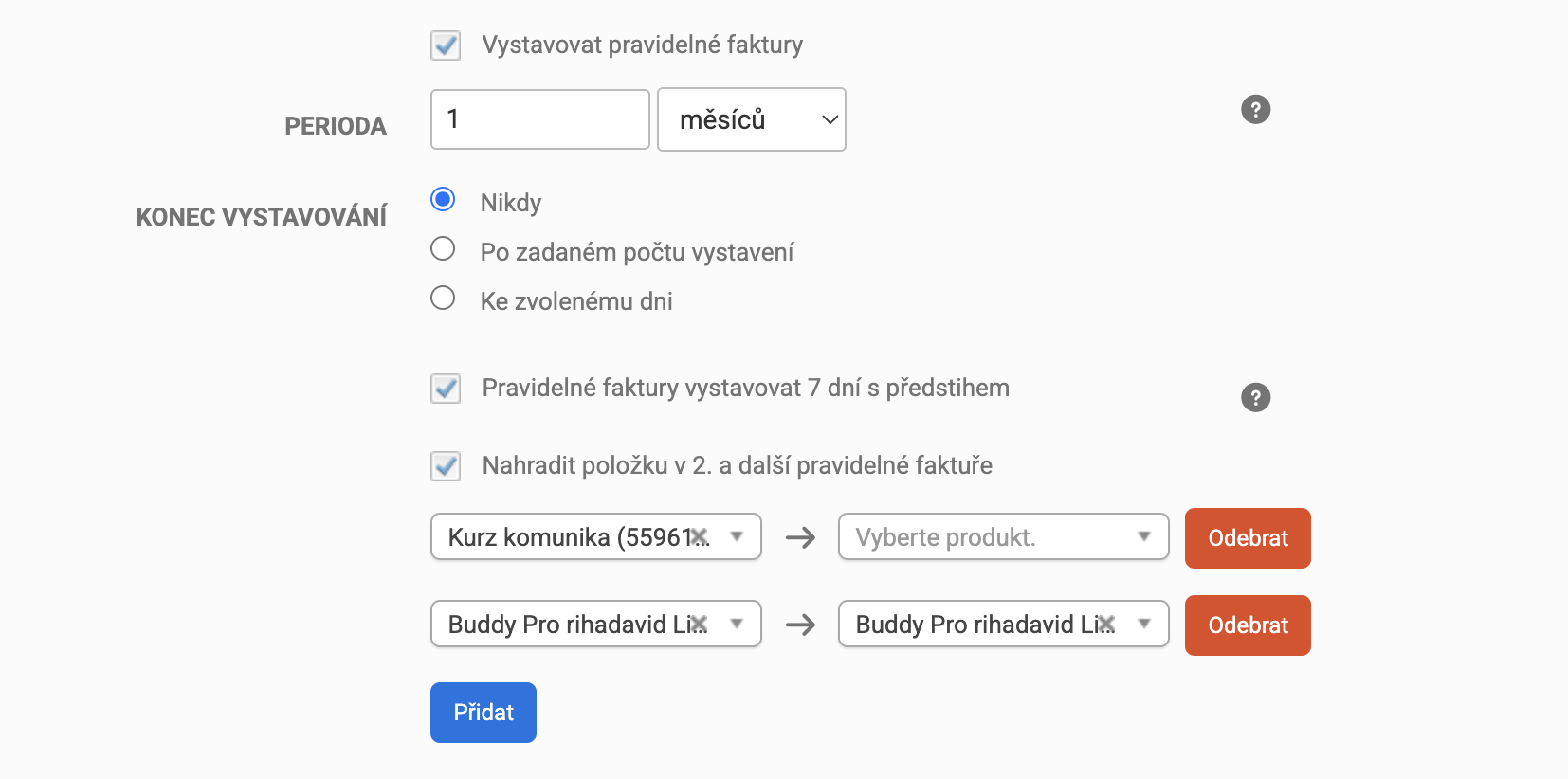 Nastavení nahrazení položky v pravidelné faktuře