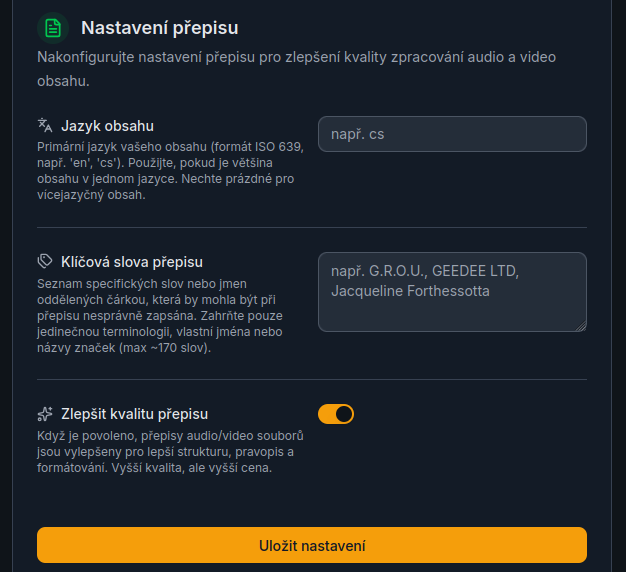 Nastavení přepisu