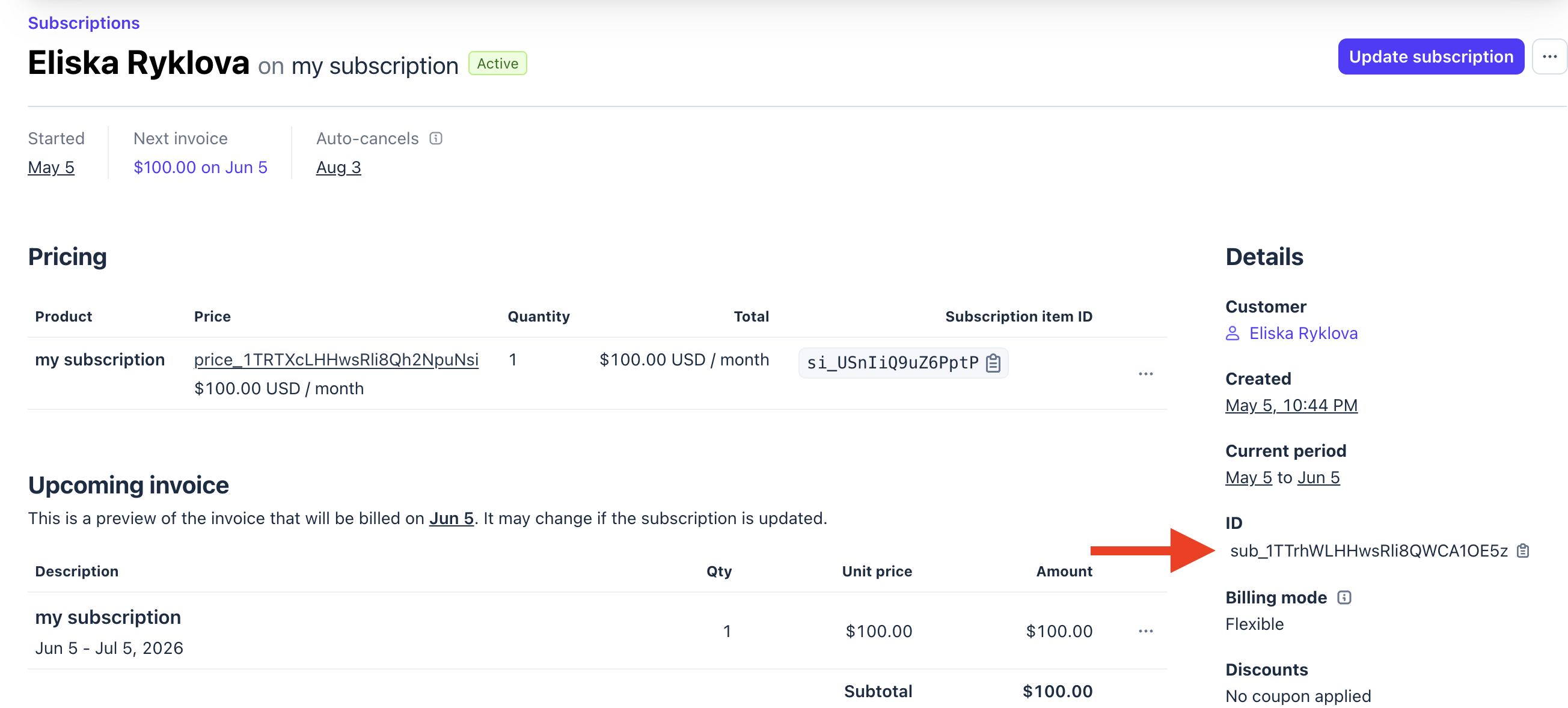 Stripe subscription ID