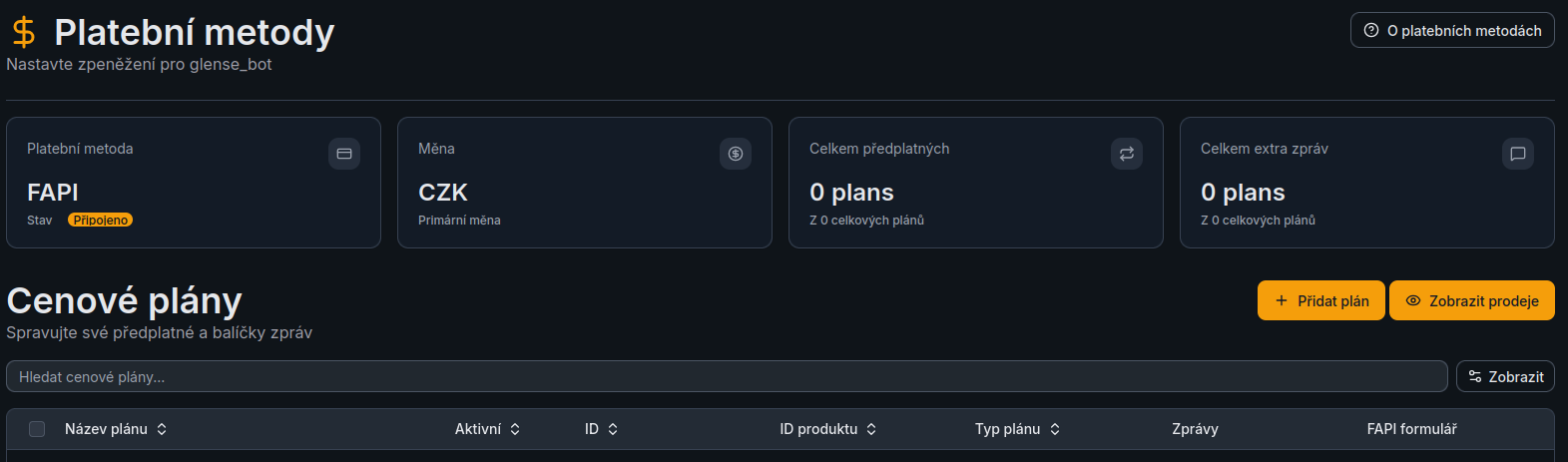 Připojené FAPI — přehled Platebních metod s tabulkou cenových plánů