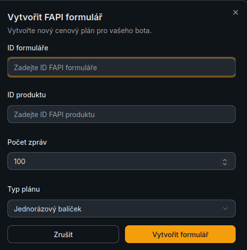 Dialog Vytvořit FAPI formulář